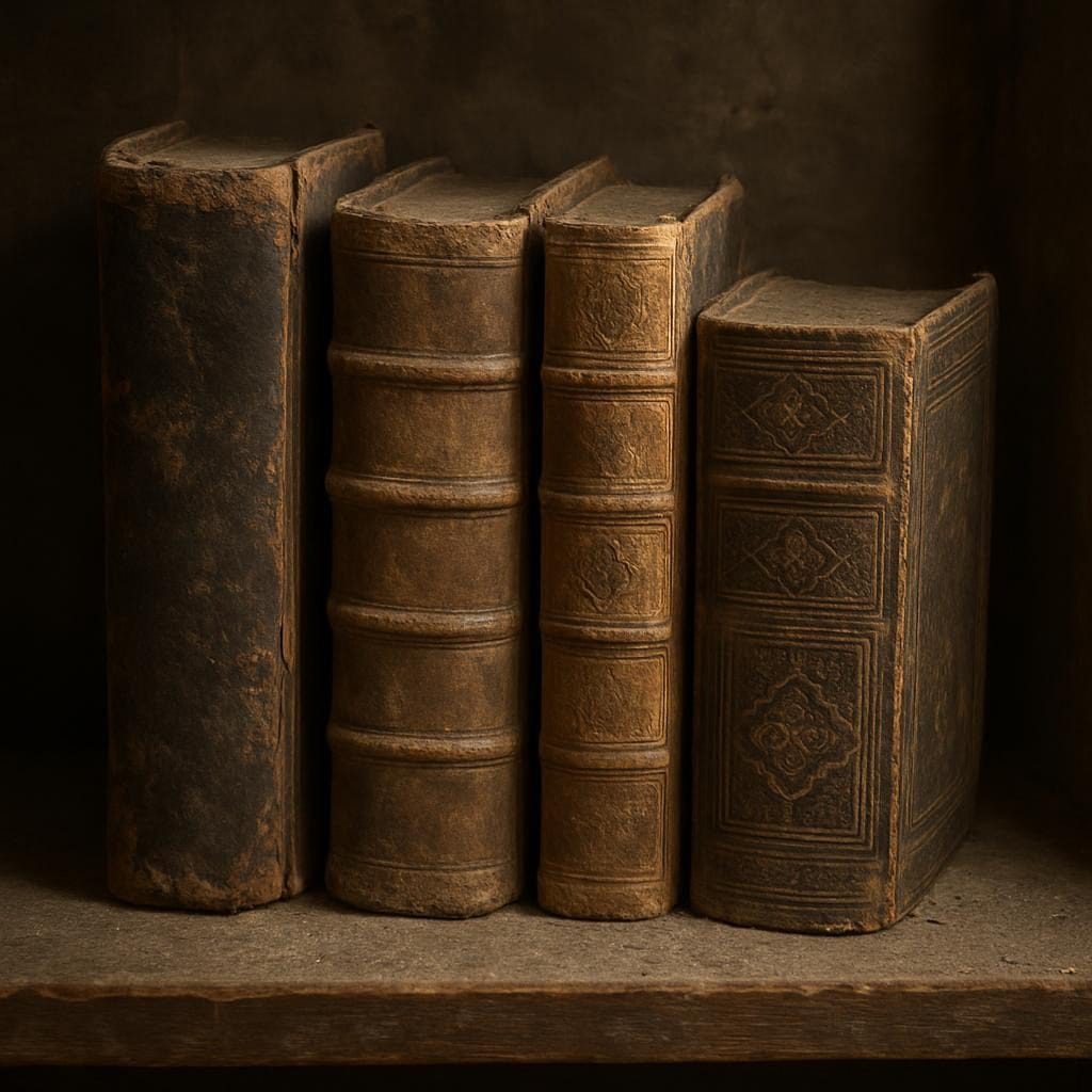 dusty old tomes of a memoir writer they are bound in brown leather