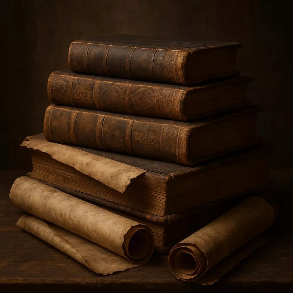a stack of old tomes and a few scrolls 