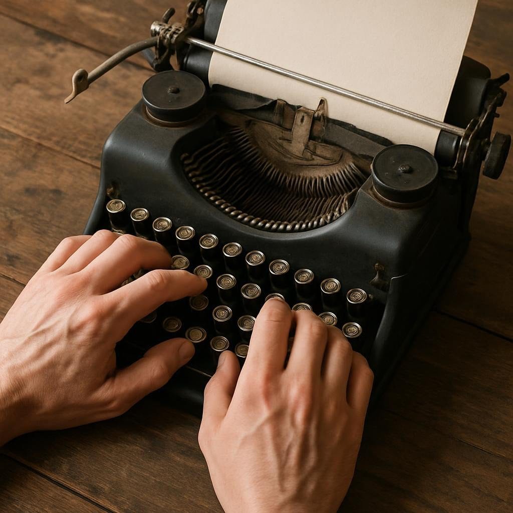 hands writing on an old fashioned typewriter"